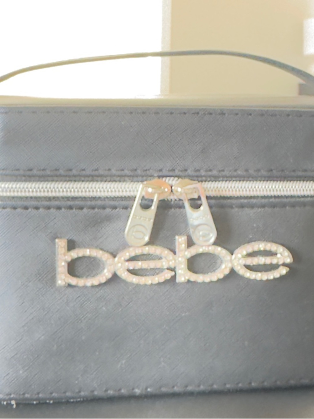 Black “Bebe” Bling Rhinestone Logo Hard Shell Makeup Case with Top Handle - Picture 7 of 9